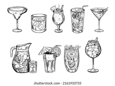 Hand drawn black color sketch cocktails set. Vector illustration. Design for menu bar, party bar and posters.