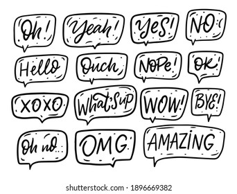 Hand drawn black color speech bubbles with text. Comic doodle style. Vector illustration isolated on white background.