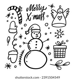 Hand drawn black color Winer and Christmas doodle elements set. Vector art illustration isolated on white background.
