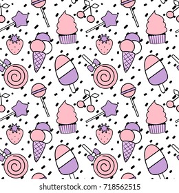 hand drawn black confetti on white background simple abstract seamless vector pattern illustration with colorful candies