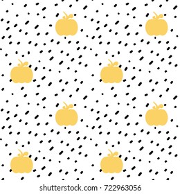 hand drawn black confetti on white background simple abstract seamless vector pattern illustration with yellow pumpkins