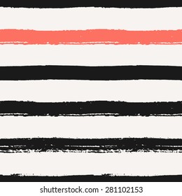 Hand drawn black and coral red stripes seamless pattern. Dry brush horizontal strokes repeat texture.