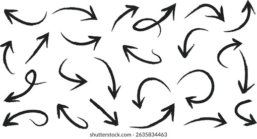 Hand drawn black crayon arrow set with spiral, zigzag, curved, and straight style. Rough brush stroke sketch pointer for infographic, education, presentation or creative vector design use. UI elements