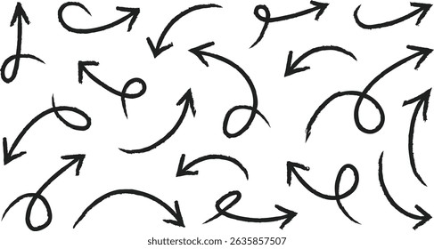 Hand drawn black crayon arrow set with spiral, zigzag, curved, and straight style. Rough brush stroke sketch pointer for infographic, education, presentation or creative vector design use. UI elements