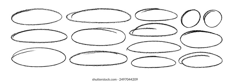 Hand drawn black crayon ovals and circles set. Ellipses in red pencil doodle style. Round freehand shapes, emphasis highlights. Black round rough thin frames. Vector elements for hand drawn diagrams.