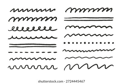 Traços de lápis de cera preto desenhados à mão, sublinhados, manchas, tachados, cachos, conjunto de linhas onduladas. Elementos de rabiscos a lápis. Esboços de giz estilo Doodle. Ilustração vetorial