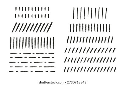 Handgezeichnete schwarze Buntstiftstriche, Unterstreichungen, Abstriche, Durchschläge, Linien gesetzt. Bleistiftelemente, Kreideskizzen im Doodle-Stil. Vektorgrafik