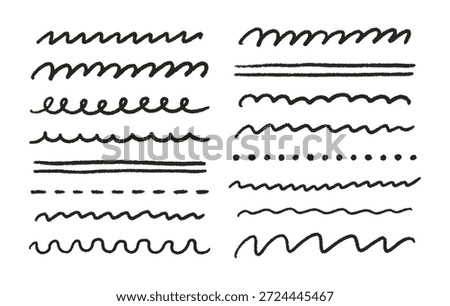 Hand drawn black crayon strokes, underlines, smears, strikethroughs, curls, wavy lines set. Pencil squiggles elements. Doodle style chalk sketches. Vector illustration