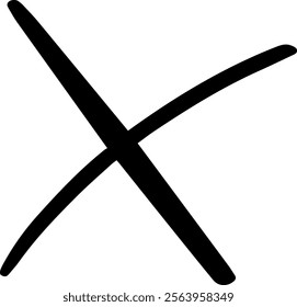 Hand drawn black cross mark isolated on a white background, representing rejection, disagreement, or an incorrect answer, conveying negative sentiments and opposing ideas