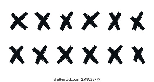 Hand drawn black crosses. Child crayon brush handwritten. Marker stroke, pen scribble. Strikethrough x lines. Grunge chalk cross set.  Doodle isolated vector illustration on white background.
