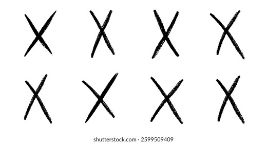 Hand drawn black crosses. Child crayon brush handwritten. Marker stroke, pen scribble. Strikethrough x lines. Grunge chalk cross set. Doodle isolated vector illustration on white background.
