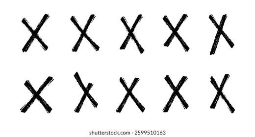 Hand drawn black crosses. Child crayon brush handwritten. Marker stroke, pen scribble. Strikethrough x lines. Grunge chalk cross set. Doodle isolated vector illustration on white background.
