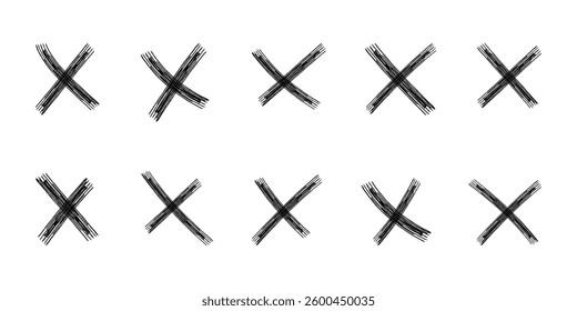 Hand drawn black crosses. Child crayon brush handwritten. Marker stroke, pen scribble. Grunge chalk cross set. Strikethrough x doodle lines. Isolated vector illustration on white background.