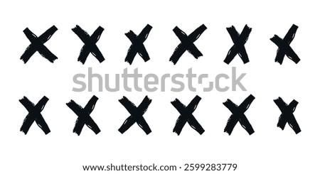 Hand drawn black crosses. Child crayon brush handwritten. Marker stroke, pen scribble. Strikethrough x lines. Grunge chalk cross set.  Doodle isolated vector illustration on white background.
