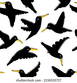 Hand drawn black crows and ravens seamless pattern. Perfect for T-shirt, textile and print. Doodle vector illustration for decor and design.