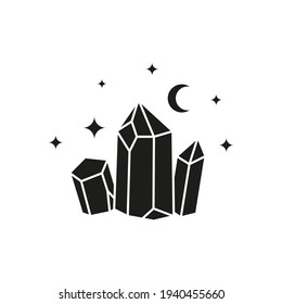 Cristales negros dibujados a mano, luna y estrellas aisladas en un fondo blanco. Geometría sagrada. Alquimia de talismán esotérico mágico. Símbolo místico.