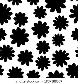 Hand drawn black daisy wheel flowers on white seamless pattern vector. Monochrome floral endless texture with flowers silhouettes. Bold black and white ornament surface design. One of a series