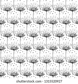 Hand drawn black dandelions on white background. Black and white vector repeat seamless pattern. Endless texture for digital paper, fabric, backdrops, wrapping.