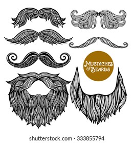  Hand drawn black decorative beard and mustache set on white background isolated vector illustration