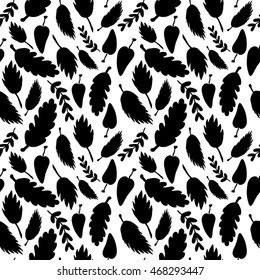 Hand drawn  black decorative leaves silhouette vector abstract seamless