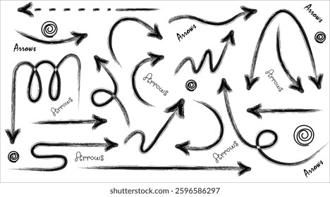 Hand drawn black direction arrows on white background. Arrow, pencil, brush, doodle, chalk line stroke. Doodle arrow icon line texture pencil sketch. Vector illustration