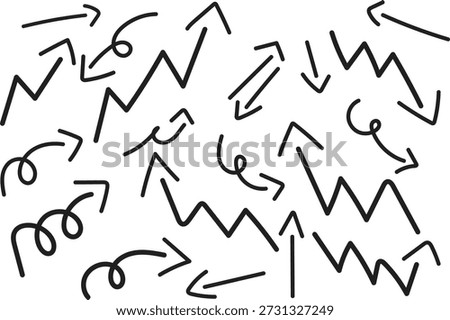 Hand drawn black doodle arrows collection featuring curved zigzag wavy sketch arrows pointing in multiple directions including up down left right diagonal swirl and loop shapes for creative thinking brainstorming concept visual notes presentation slides marketing strategy education design planning workflow idea development navigation elements abstract artistic illustration isolated on white background modern casual line art style suitable for infographic poster notebook social media content web design ui ux concept boards startup creativity problem solving direction indicators movement symbols editable vector illustration for commercial and personal use