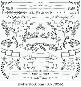 Hand Drawn Black Doodle Design Elements. Sketched Rustic Decorative Floral Banners, Dividers, Branches, Ribbons. Vintage Vector Illustration.