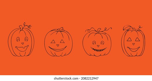 Hand Drawn Black Doodle Different Varieties of Cute Smiling Halloween Pumpkins with Leaves Isolated on Orange Background. Vector illustration for banner ,card design and more.