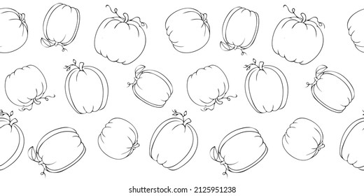Hand Drawn Black Doodle Different Varieties of Pumpkins with Leaves Seamless Pattern Isolated on White Background. Vector illustration of elegant pumpkins for fabric, cover, textile, kitchen supply.
