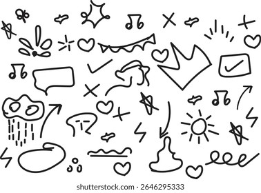 Ícones pretos de doodle desenhados à mão sobre fundo branco, elementos de design de esboço,Ilustração vetorial de vários ícones pretos de doodle desenhados à mão sobre fundo branco. Inclui formas de diversão aleatórias, símbolos e de