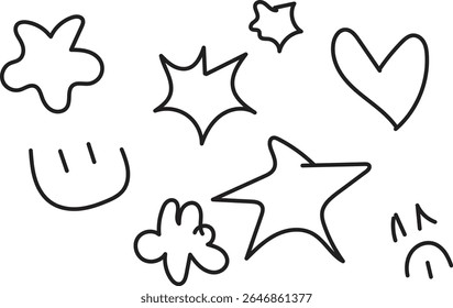 Hand drawn black doodle icons set. Stars, hearts, smiley sketches on white background, Vector illustration of various black doodle icons including stars, hearts, and smiley faces on white background. 