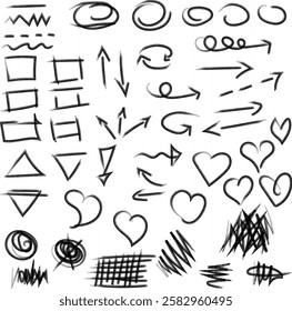 Hand drawn black doodle sketch arrow, circle, brush stroke scribble, heart, triangle, square, scribble background. Vector illustration doodle graphic elements