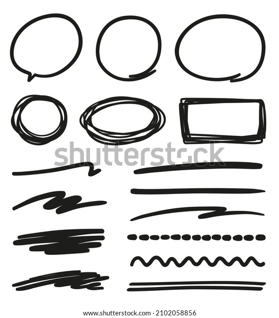 Hand drawn black doodles on white.
Abstract frames. Set of different shapes and underlines. Elements
are drawn in a linear style. Black and white
illustration