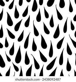 Hand drawn black drops over white arranged in vector seamless pattern. Appealing surface art texture with irregular black droplets for printing or use in graphic design projects.  