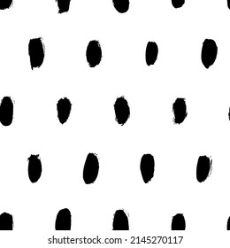Hand drawn black dry blots seamless pattern. Splash vector black blots. Grunge background with textured dashes. Abstract white and black background for fabric print, paper card, table cloth, fashion.