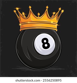 Hand drawn black eight pool billiard ball with golden majestic royal crown, pool ball with crown