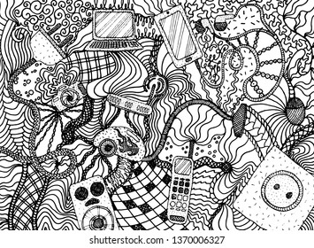 Hand drawn black electrical devices and gadgets with pattern in doodle style on white background. Backdrop vector illustration