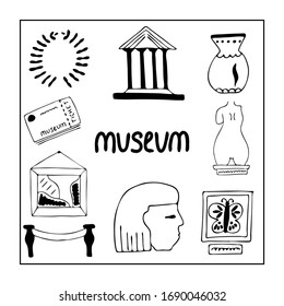 Elementos negros dibujados a mano del museo. Ilustración vectorial.