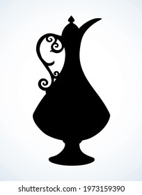 Hand drawn black emblem design art middle arabia ethnic islam eid gold ornate style ware carafe kettle ewer object set. Closeup view cartoon saudi uae asia tea meal teapot bottle dish white text space