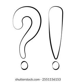 Hand drawn black exclamation and question marks in doodle style isolated on white background. Vector infographic, punctuation mark.