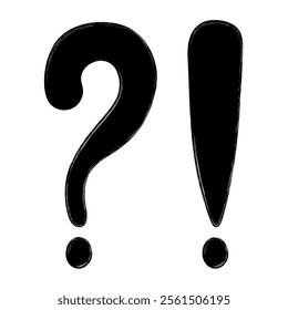 Hand drawn black exclamation and question marks in doodle style isolated on white background. Vector infographic, punctuation mark.