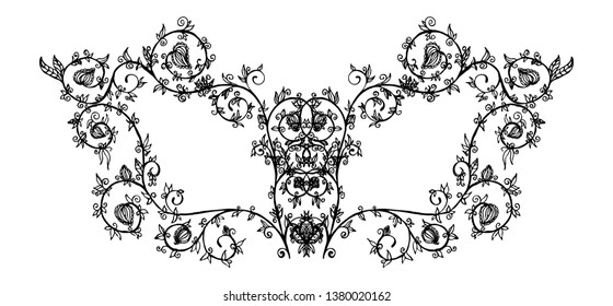 Hand drawn black eye mask with tracery, flowers and leaves on white background