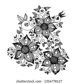 Hand drawn black fantasy flowers with tracery and leaves on white background