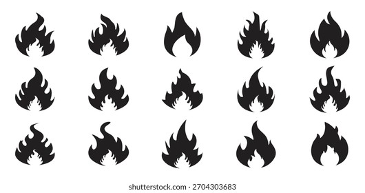 Handgezeichnete schwarze Feuer Flammen Symbol Sammlung. Konzept Flamme, Feuer, Ikone. Feuersymbol in Glyphe. Feuerballzeichen. Lagerfeuer Symbol Flamme. Stockvektorgrafik.