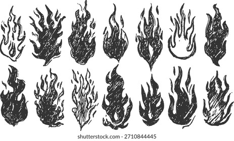 Handgezeichnete schwarze Feuerflammen in verschiedenen Stilen auf weißem Hintergrund