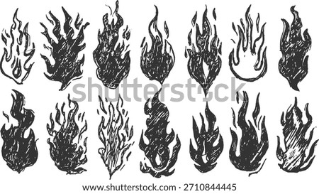 Hand drawn black fire flames in various styles on a white background