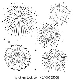 Hand drawn black fireworks illustration set on white background