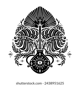 Hand drawn black floral Damask motif isolated on white background. Abstract symmetric botanical decor.