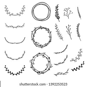 Hand drawn black floral elements on the white background. Floral decorative collection using for decoration of text, cards, invitation. Sketch of leaves and flowers.