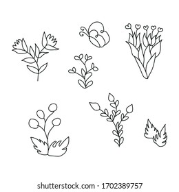 Hand drawn black floral elements on the white background. Floral decorative collection using for decoration of text, invitation, greeting cards, quotes, blogs, wedding frames